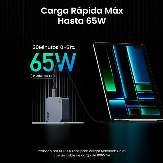 Cargador de 65W 3 Puertos Cable Incluido UGREEN