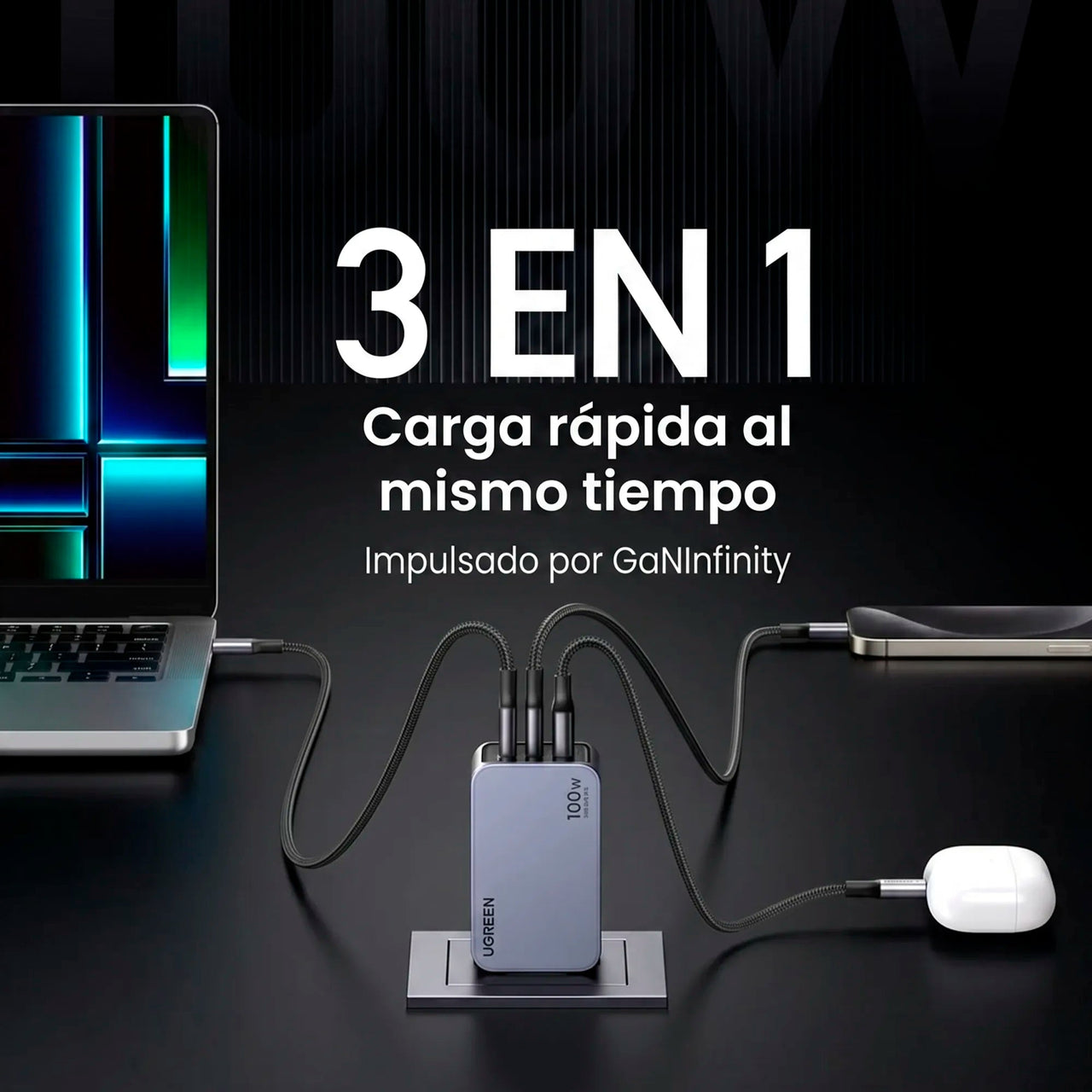 Cargador de 100W 3 Puertos Cable Incluido UGREEN