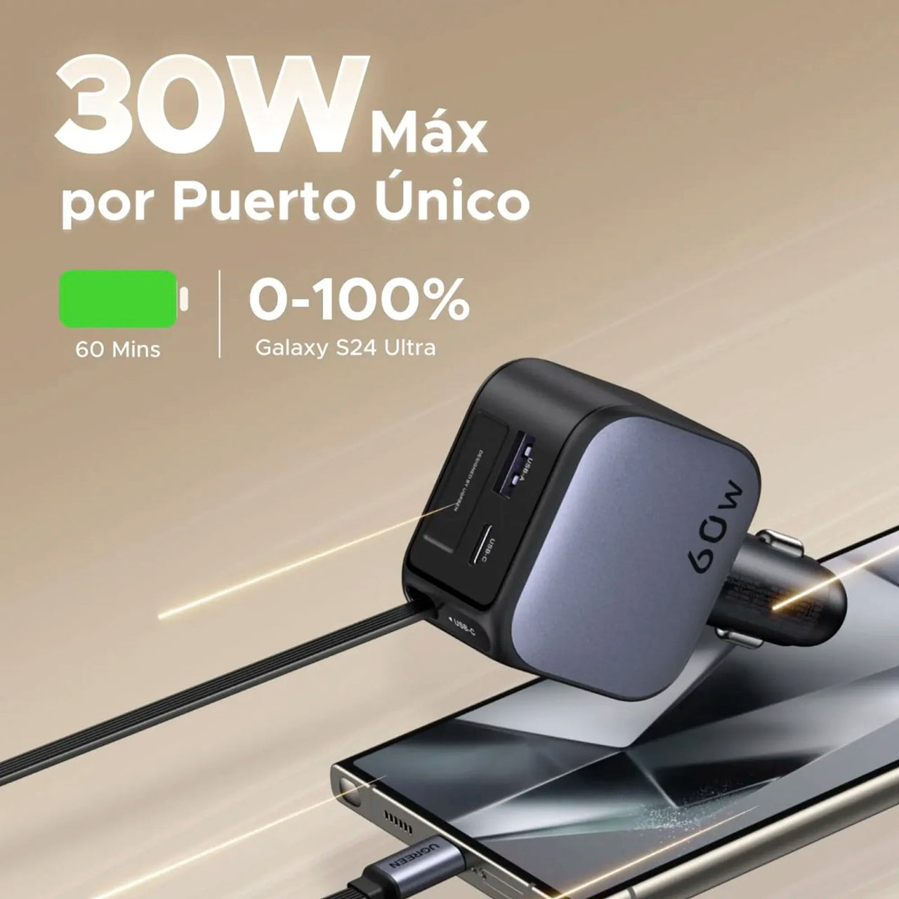Cargador de Carro 90W Cable Retracil UGREEN