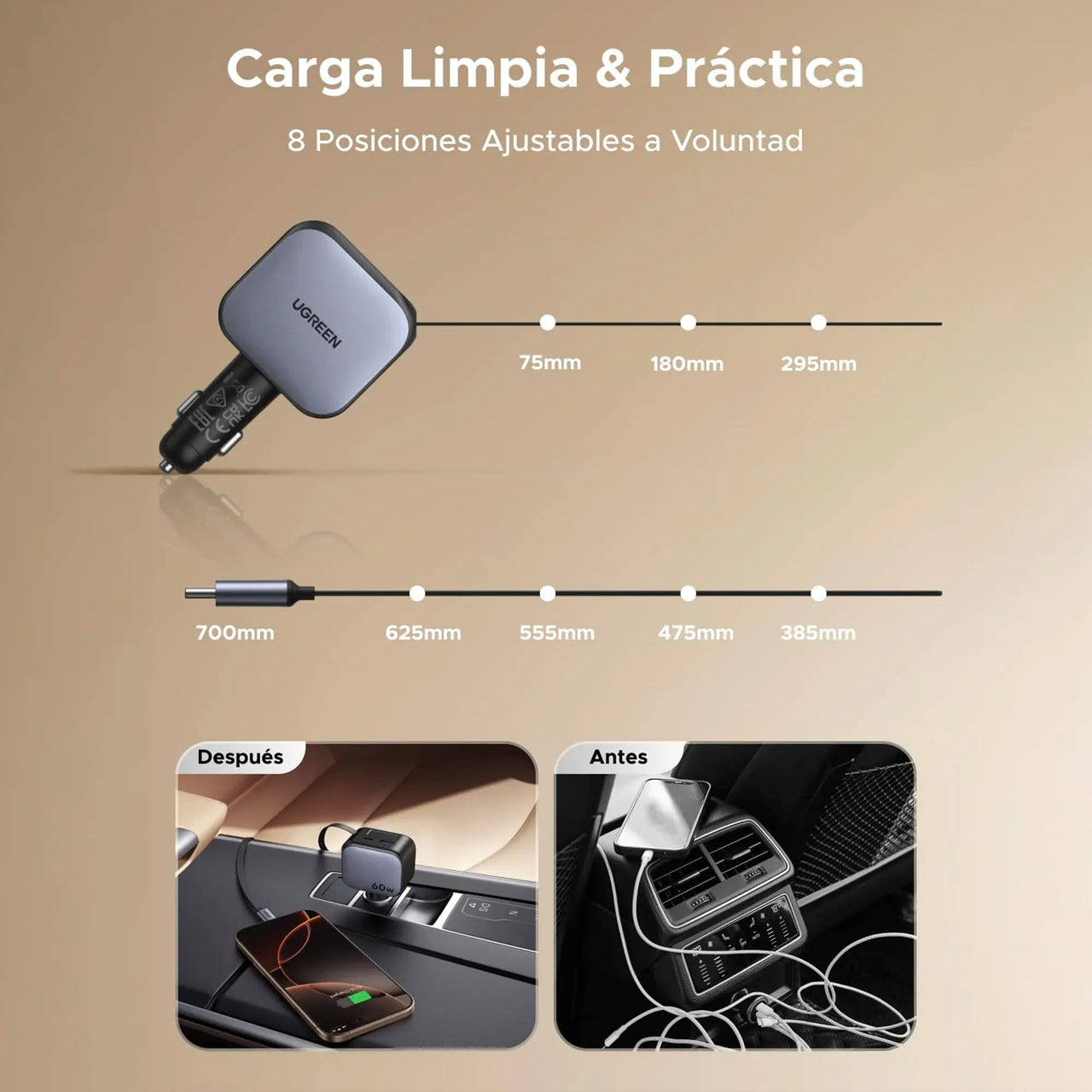 Cargador de Carro 90W Cable Retracil UGREEN