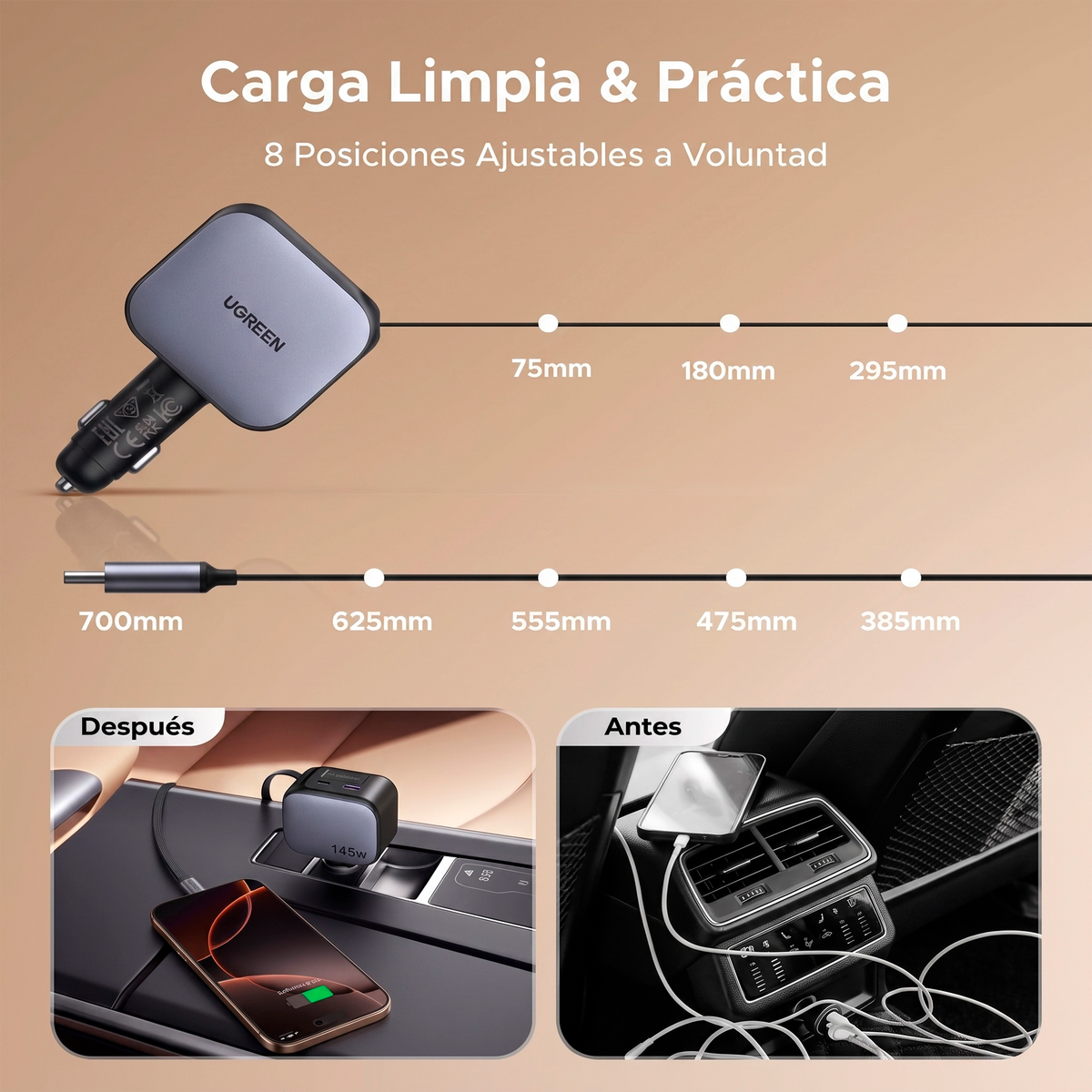 Cargador de Carro 145 W Cable Retracil UGREEN
