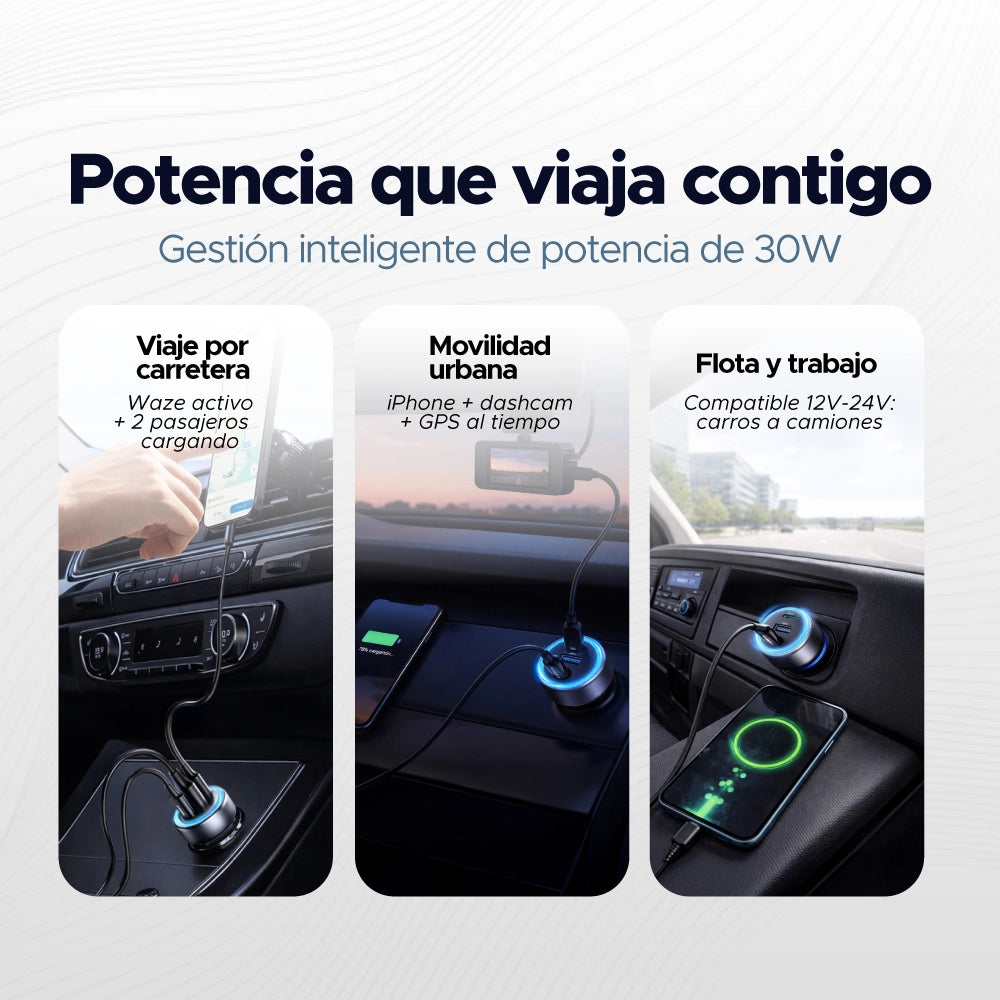 Cargador de Carro 30W (3 Puertos: 2 USB-C + 1 USB-A) UGREEN