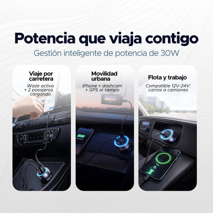 Cargador de Carro 30W (3 Puertos: 2 USB-C + 1 USB-A) UGREEN